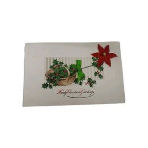 Postcard Christmas Greetings Embossed Holly Bow Applied Felt Poinsettia c1910s